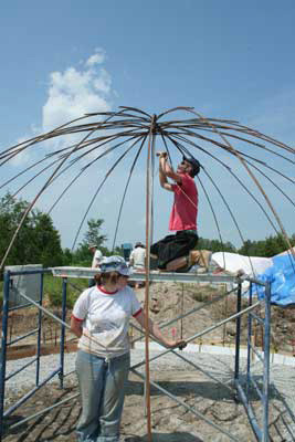 444.jpg - Wiring rebar into position for the ferrocement dome